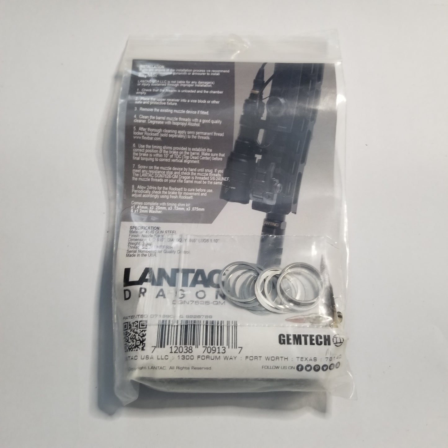 Lantac Dragon .308 Muzzle Brake w/ Gemtech QD mount - Black (New)